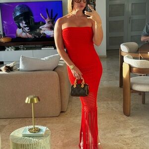 Red Strapless Crochet Fringe Maxi Dress